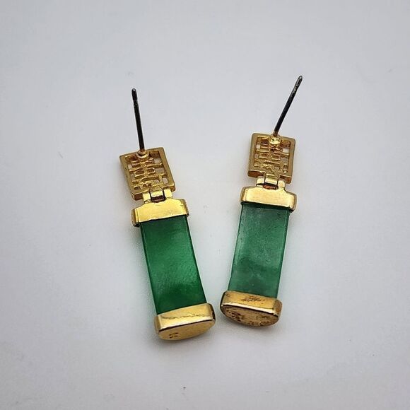 Gold Tone & Green Jade Good Fortune Earrings - Picture 2 of 3